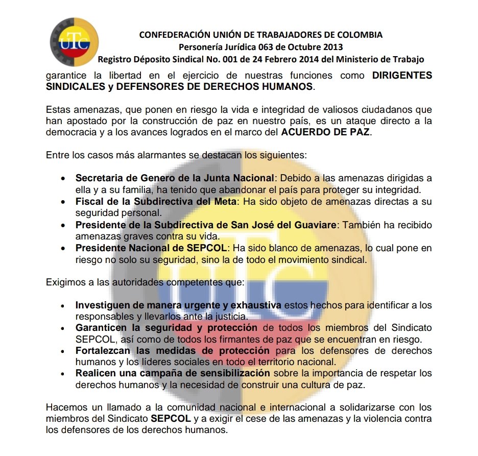 Esto es un atentado a la libertad sindical ¿donde está el cambio? <a href="/mindefensa/">Mindefensa</a> <a href="/MinInterior/">MinInterior Colombia</a> <a href="/infopresidencia/">Presidencia Colombia 🇨🇴</a> <a href="/WRadioColombia/">W Radio Colombia</a> <a href="/CIDH/">CIDH - IACHR</a> <a href="/DefensoriaCol/">Defensoría del Pueblo</a> <a href="/FiscaliaCol/">Fiscalía Colombia</a> <a href="/PGN_COL/">Procuraduría General de la Nación</a> <a href="/personeriabta/">Personería de Bogotá</a> <a href="/UNPColombia/">Unidad Nacional de Protección, UNP.</a> <a href="/SEPCOLPRESIDENC/">SEPCOLPRESIDENCIA</a> <a href="/NacionalUtc/">UTC FISCAL NACIONAL</a> como sujetos de especial derecho exigiendo protección.