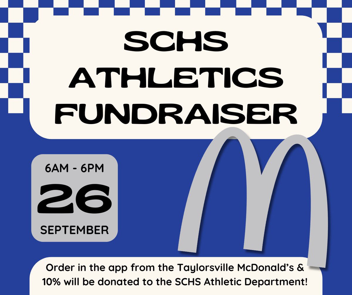 Don't feel like planning dinner, or just feel like grabbing a quick snack or drink? Order something on the McDonald's app on Thursday, September 26th from 6AM- 6PM and 10% will be donated to the SCHS Athletic Department. Thank you for supporting our students!