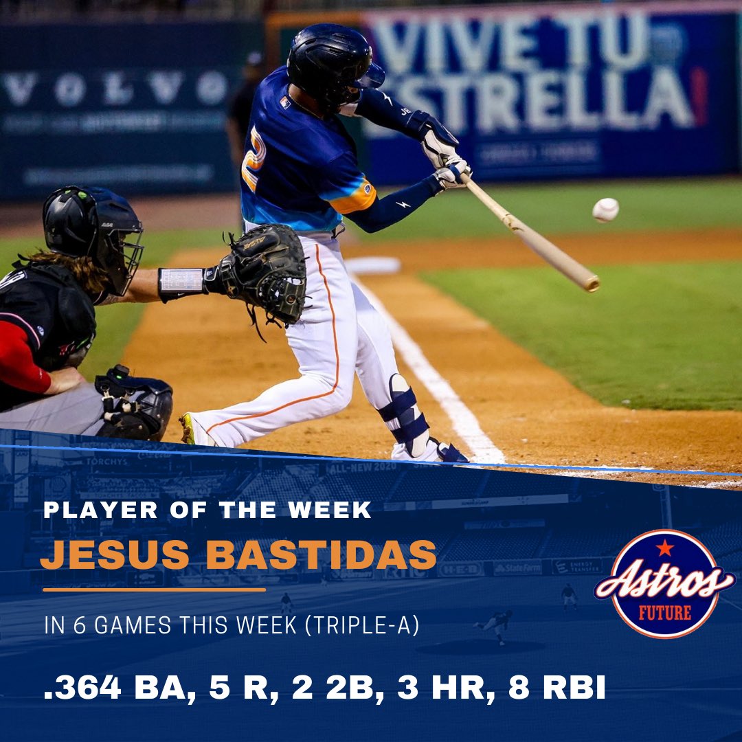 Jesus Bastidas is the Astros Future player of the week. The infielder hit .364 with 2 doubles, 3 home runs and 8 runs batted in for Sugar Land. #Astros #Relentless