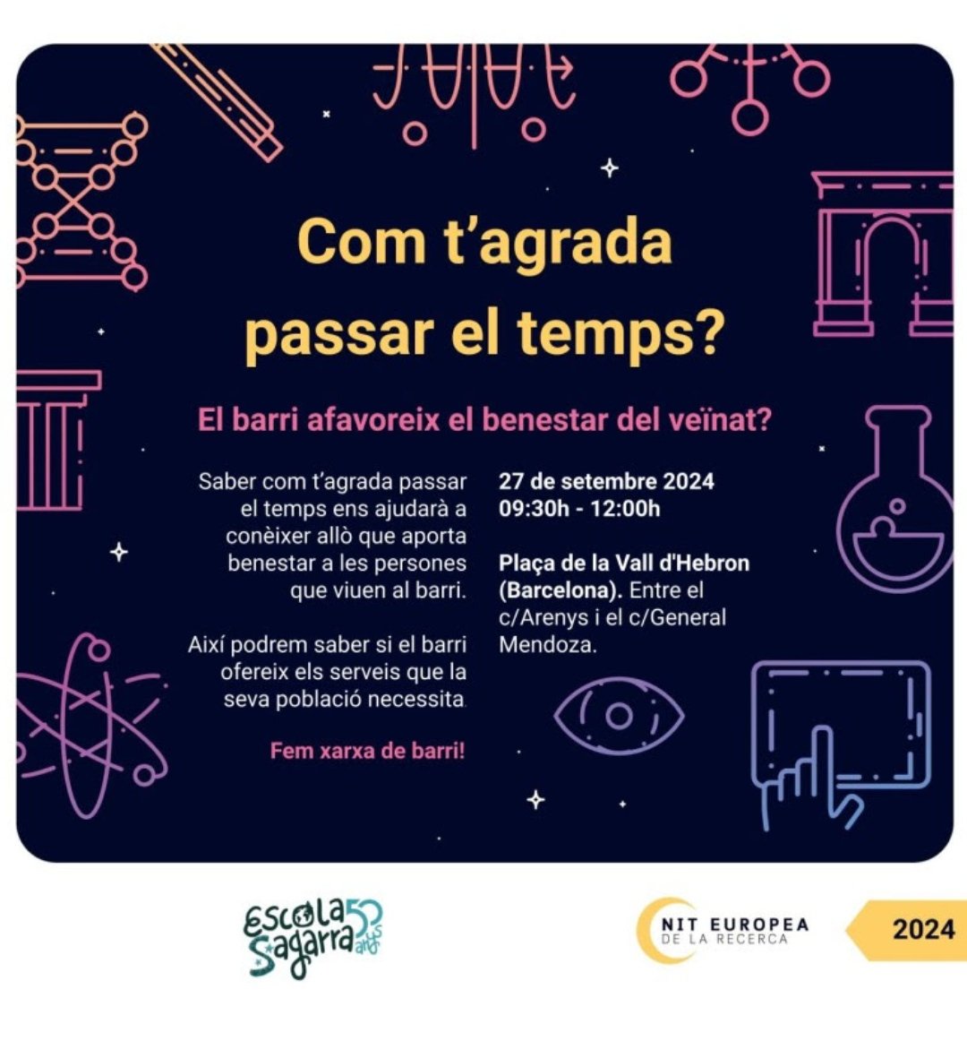La Nit Europea de la Recerca se celebra cada any l’últim divendres de setembre en més de 300 ciutats de tota Europa. Aquest any l'escola participarà d'aquesta iniciativa plantejant una pregunta al veïnat per fer una petita investigació durant el curs!
#nitdelarecerca2024