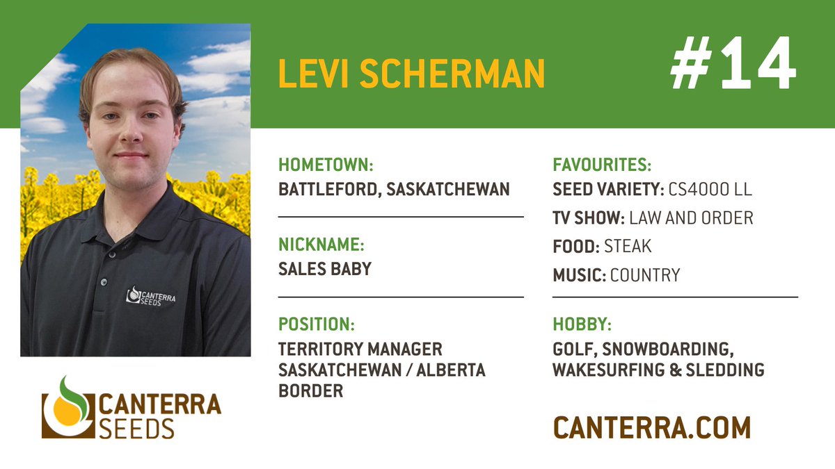 NEW #PrairieProfile with our newest Territory Manager <a href="/LeviScherman/">Levi Scherman</a>! If Levi 
isn’t on the road he is farming with his family. I BET you can’t guess what he does in his 
“down” time! Head to his bio to find out 👉 canterra.com/team/levi-sche…
#GetToKnowUs #MeetOurTeamMonday