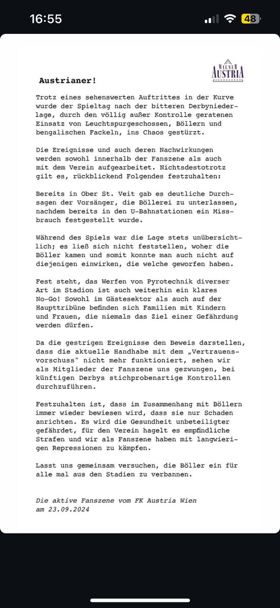 "Lasst uns gemeinsam versuchen, die Böller ein für alle Mal aus den Stadion zu verbannen." Bemerkenswerte Stellungnahme der violetten Fanszene, Ankündigung von stichprobenartigen Kontrollen inklusive.
