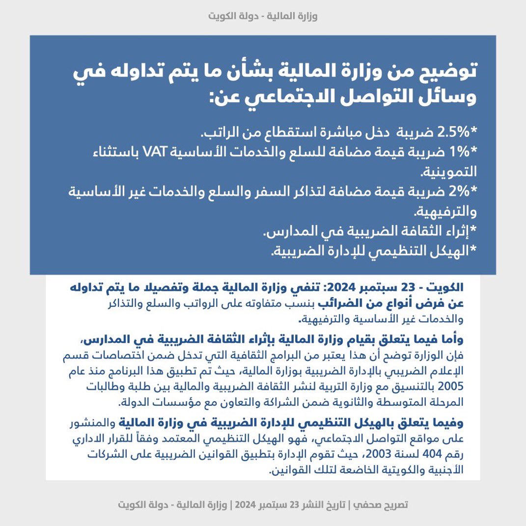 #الكويت | وزارة المالية ترد على ما يتم تداوله في مواقع التواصل الاجتماعي عن فرض أنواع من الضرائب :

• ننفي فرض ضرائب على الرواتب والسلع والتذاكر 

• برنامج الثقافة الضريبية في المدارس مطبق منذ ٢٠٠٦ وهي مهمة قسم في الوزارة