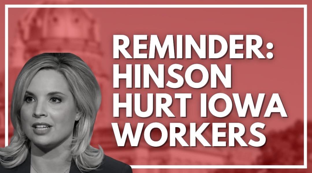 ajjonesrox's tweet photo. REMINDER: Hinson was one of the MAGA legislators that took away Iowans’ collective bargaining rights in 2017. That’s why we must hold her accountable this #SolidaritySeptember &amp; beyond. https://t.co/GYBK2aIu4O