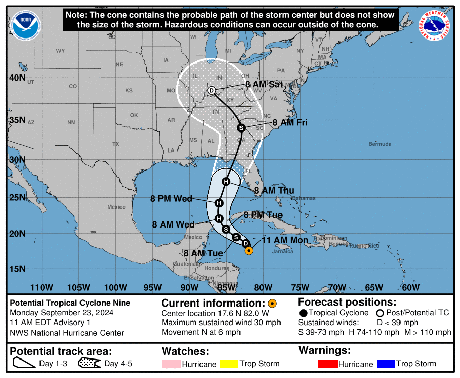 NWSLittleRock's tweet photo. 10:10 AM CDT: Here is the latest info from the National Hurricane Center regarding Potential Tropical Cyclone Nine. For the latest info, visit: https://t.co/lybpvUm274 #arwx https://t.co/8q9ywtKLZB
