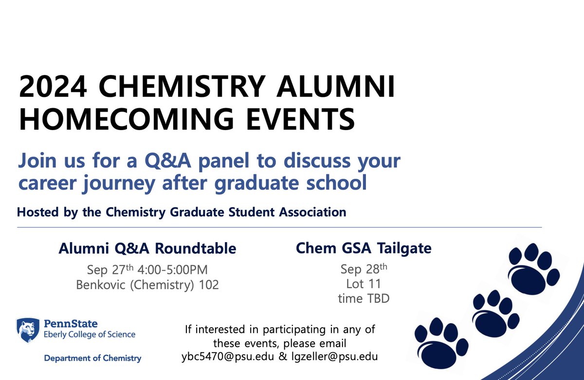 Penn State Chemistry (@psu_chemistry) on Twitter photo We look forward to seeing many <a href="/psu_chemistry/">Penn State Chemistry</a> alums and current students this Friday, Sept. 27th, for our #PennState Homecoming Alumni Q&A Roundtable! Details ⬇️
Hosted by the <a href="/ChemGSA_PSU/">PSU_ChemGSA</a> We look forward to seeing many <a href="/psu_chemistry/">Penn State Chemistry</a> alums and current students this Friday, Sept. 27th, for our #PennState Homecoming Alumni Q&A Roundtable! Details ⬇️
Hosted by the <a href="/ChemGSA_PSU/">PSU_ChemGSA</a>
