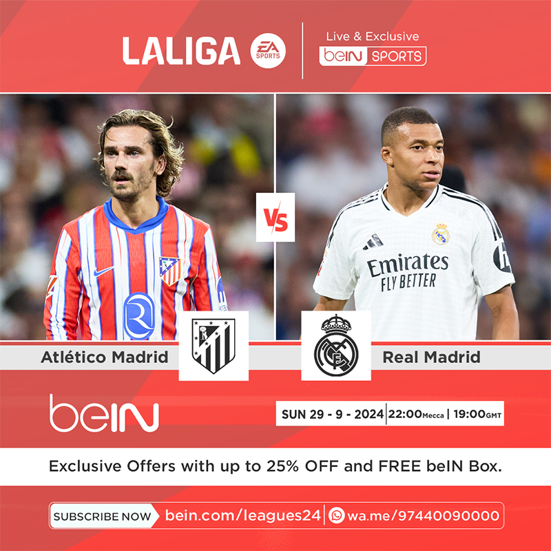 beINSPORTS_EN's tweet photo. Gear up for the awaited Madrid Derby! Watch LaLiga battle of Atletico Madrid against Real Madrid. Subscribe to our exclusive offers &amp; enjoy up to 25% off or Free beIN box.