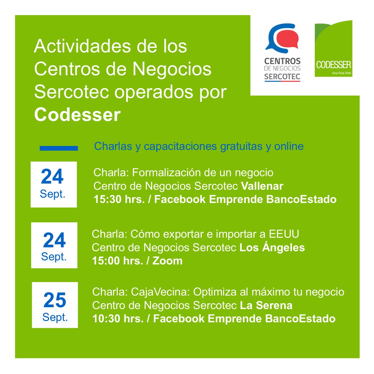 CodesserC's tweet image. #CodesserInforma
Revisa aquí las actividades #gratuitas y #online en los Centros de Negocios Sercotec operados por #Codesser. 
¡Apoyando a las pymes!