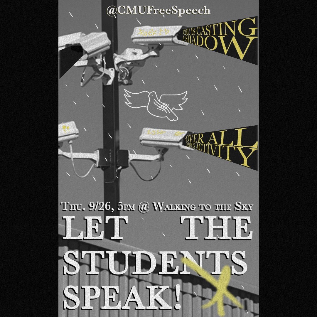 CMUFreeSpeech's tweet photo. We call upon all CMU students, faculty, and community members to protect our right to free speech on campus!

We will be at the Walking to the Sky statue (Morewood Ave/Forbes Ave intersection) at 5 PM on Thursday, September 26. https://t.co/E3owxD3UaN