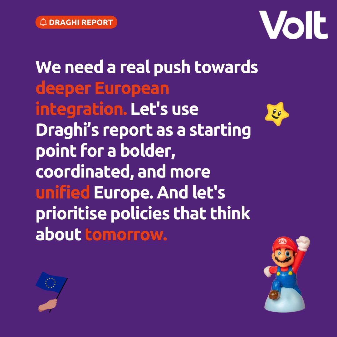 VoltEuropa's tweet photo. Mario Draghi published his report on the future of European competitiveness. We support his call for structural reforms to boost productivity, innovation &amp; resilience. The real challenge? The implementation; we need a more ambitious European mandate! #draghi
#europeancommission https://t.co/cCDIGLVMza