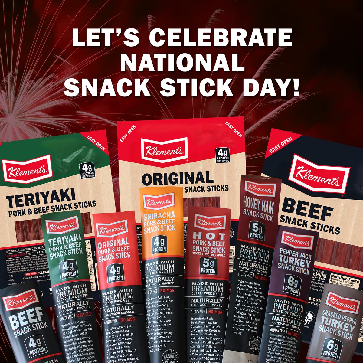 It's National Snack Stick Day. Invented by us in 2016, it's the perfect day to savor a tasty Klement's Snack Stick. Packed with protein and great on the go, grab one today! #sausage #snackbreak #snackattack