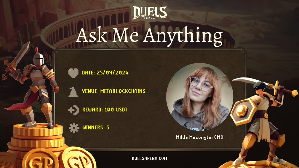 Join #Metablockchain #AMA with <a href="/Duels_Arena/">Duels Arena</a> ⚔️

💰 Prize: 100 USDT
🗓 Date: Sept 25th 2024, 12PM UTC 
📍 Venue: t.me/Metablockchains
👩‍💻 Guest: @Milda_W3Forge

〽️ Rules:
1️⃣ Follow 
<a href="/Metablockchain0/">Metablockchain ll</a> &amp; <a href="/Duels_Arena/">Duels Arena</a>
2️⃣ Like &amp; Retweet 
3️⃣ Comment Your Questions 👇(5 Questions Max)