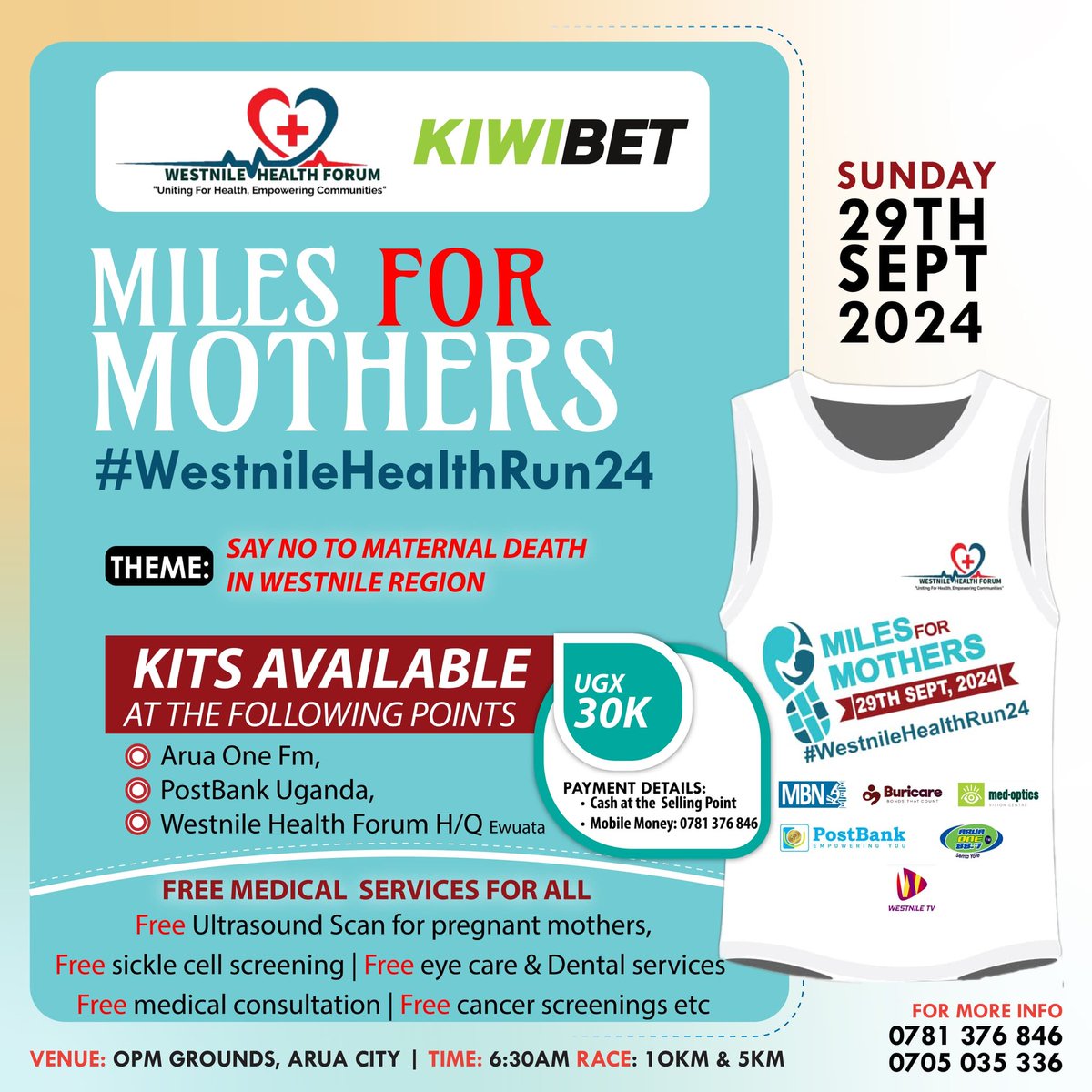 🚀 Big news, West Nile! 🚀 We’re thrilled to have <a href="/kiwibet_ug/">Kiwibet Uganda</a> as the official main sponsor of the #WestnileHealthRun24! 🏃‍♂️💚 Join us on September 29 to run for a cause that matters—supporting maternal and child health! Let’s make every step count! 💪✨ #KiwibetUg #MamaCareProject