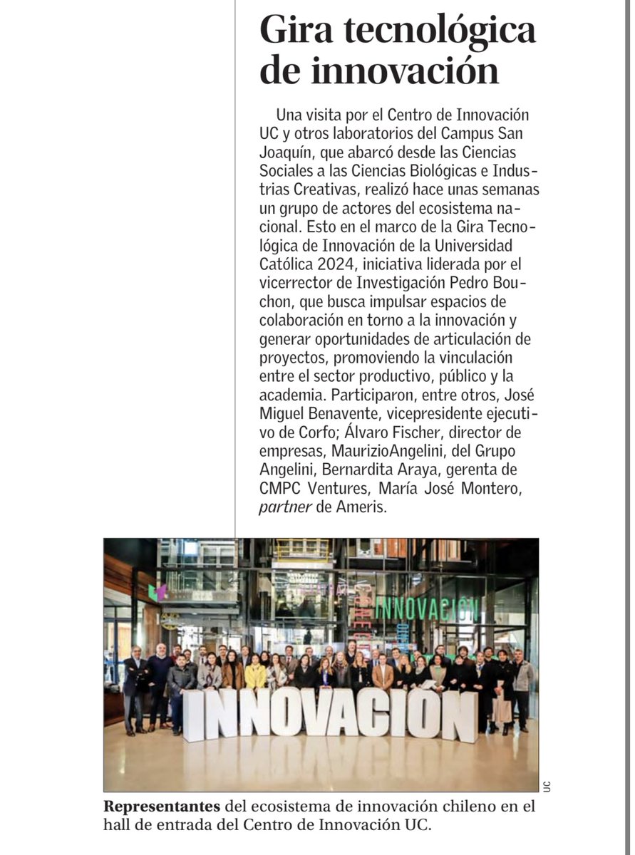 Los dejamos invitados a leer la publicación que realizó <a href="/ElMercurio_cl/">elmercurio_cl</a> acerca de nuestra exitosa Gira Tecnológica UC🙌🏽☀️

¡Sigamos innovando juntos! <a href="/pedrobouchon/">Pedro Bouchon</a> 

Lee acá: lnkd.in/eVm_-fPW