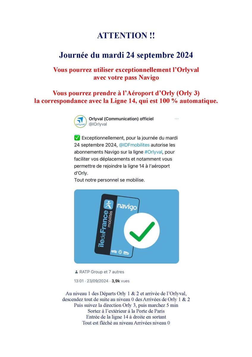 OrlyvalPour's tweet photo. Une excellent nouvelle : demain le mardi 24 septembre 2024 vous pourrez utiliser votre Pass Navigo pour emprunter l’Orlyval et récupérer la Ligne 14 ! Il faudra se battre  pour que la possibilité d’utiliser le Navigo soit permanente #RERB Un très grand merci à @Plusdetrains https://t.co/xIGoIC1vd5