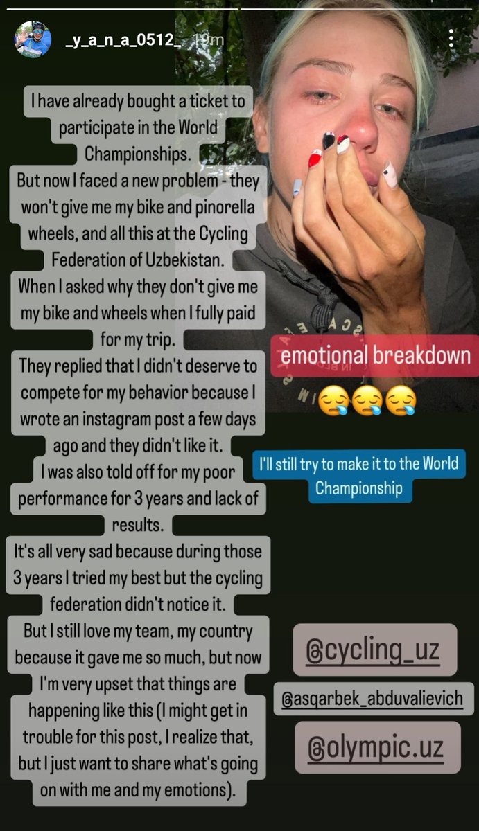 Tout notre soutien à Yanina Kuskova qui après s'être plainte des conditions dans lesquelles la fédération Ouzbèke de cyclisme l'envoyait aux mondiaux se voit maintenant privée de matériel et ne donc pas y participer.
<a href="/WCC_cycling/">World Cycling Centre</a> , <a href="/DLappartient/">David Lappartient</a> , <a href="/Amina_Lanaya/">Amina Lanaya</a> un coup de pouce ?