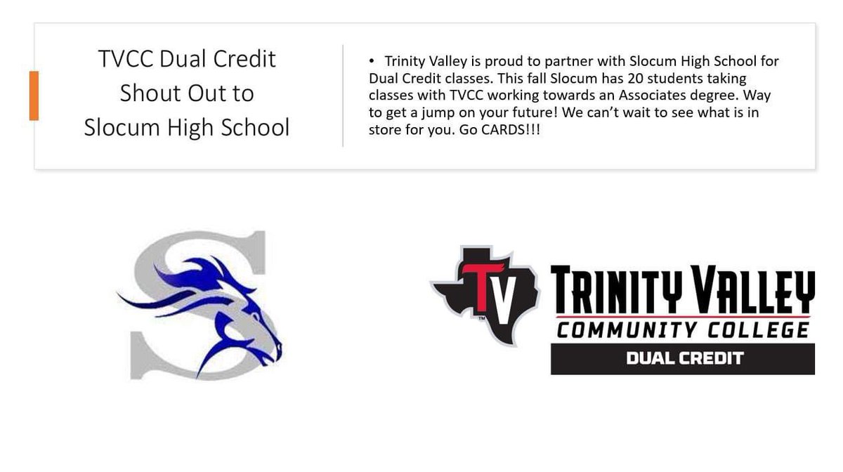 TVCC is proud to partner with Slocum High School and their Dual Credit program. This fall Slocum has 20 students earning both high school and college credits. Way to go CARDS!!