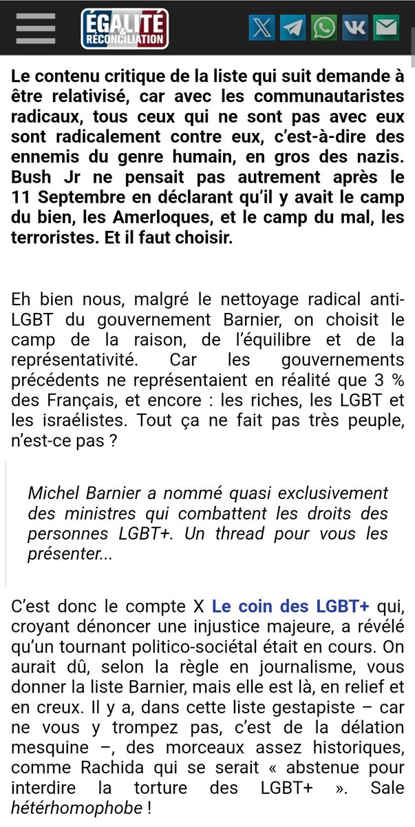 L'association d'Alain Soral célèbre "la fin de la domination des LGBT" et des Juifs. Le gouvernement Barnier semble avoir satisfait toute l'extrême-droite.