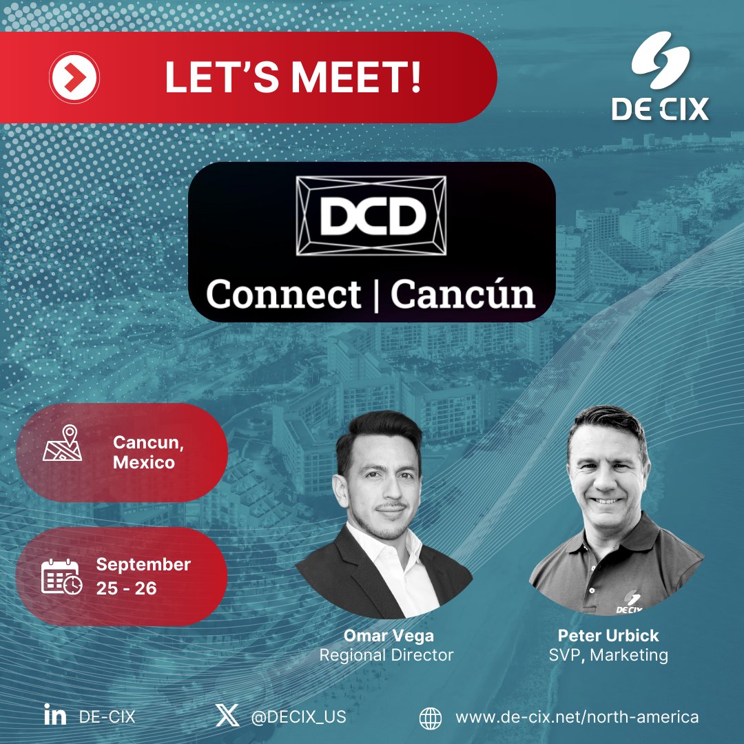 Our team is heading to #DCDConnectCancun this week! Will you be there? Join our lunch on Thursday to learn more about #DECIX and #Peering. datacenterdynamics.com/en/dcd-connect…
