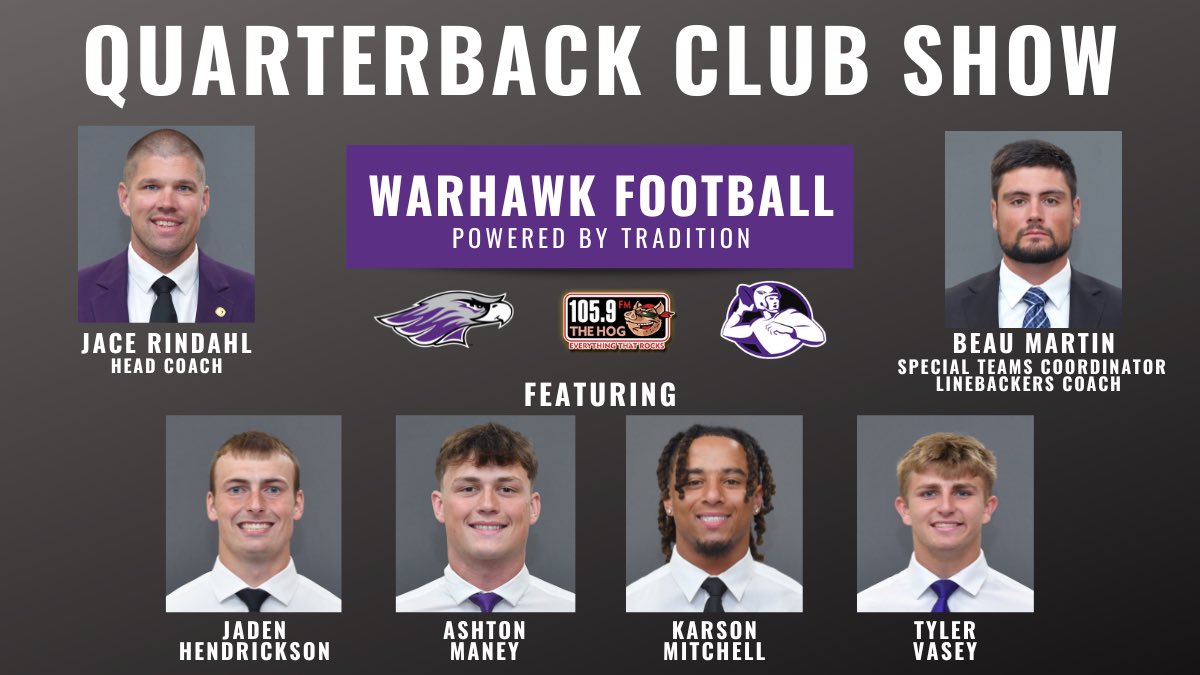 Join us tonight for the Warhawk QB Club Show, hosted by Gary Douglas.  The show will be held at Badger Bobs at 6 PM. If you can't attend in person, tune in live on X/Twitter Spaces starting at 6:30 PM.
