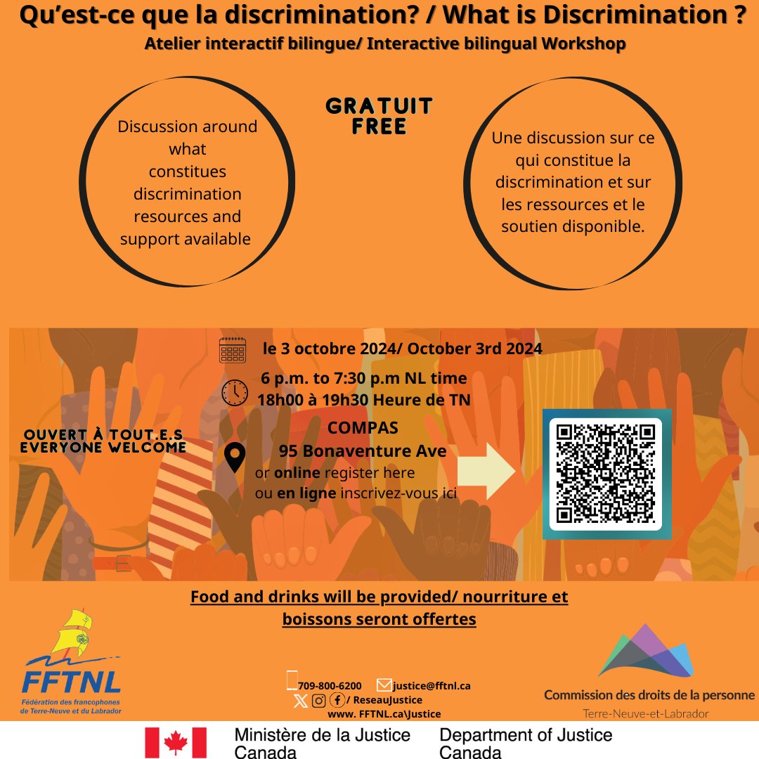 NLhumanrights's tweet photo. We are pleased to partner with the Fédération des francophones de Terre-Neuve et du Labrador (FFTNL) to provide a public presentation on human rights. 

When? October 3rd, 2024, from 6-7:30 PM. 

To register, scan the QR code in the poster. 

Questions? Contact justice@fftnl.ca https://t.co/DMvW89uZ40