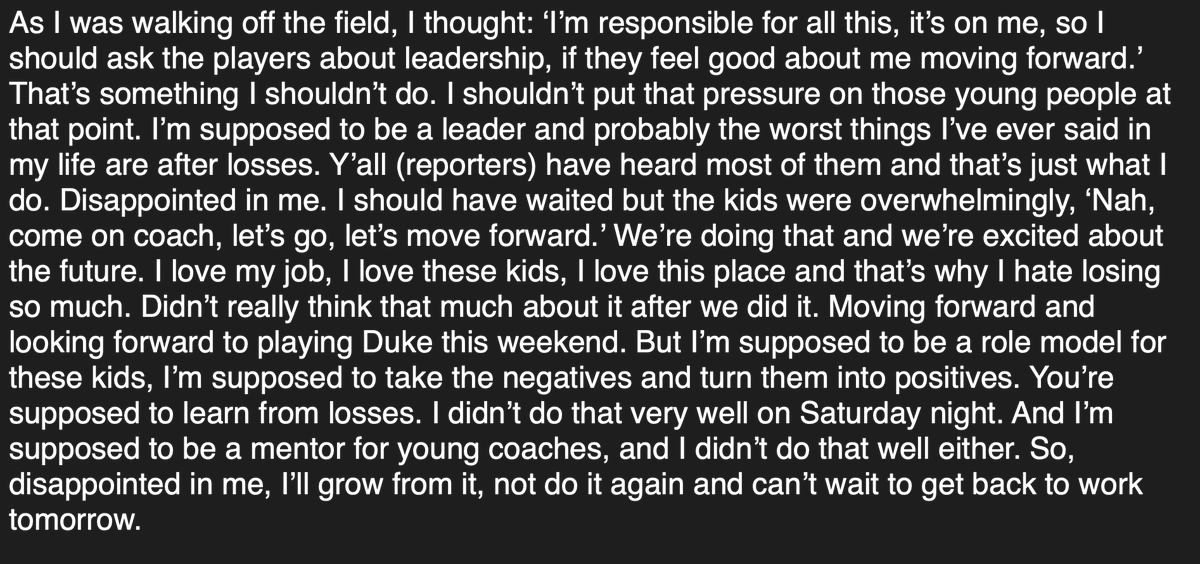 bmarcello's tweet photo. Mack Brown today on what he said to players after loss to JMU: "As I was walking off the field, I thought: ‘I’m responsible for all this, it’s on me, so I should ask the players about leadership, if they feel good about me moving forward.’ That’s something I shouldn’t do." https://t.co/OntP9mJnxI