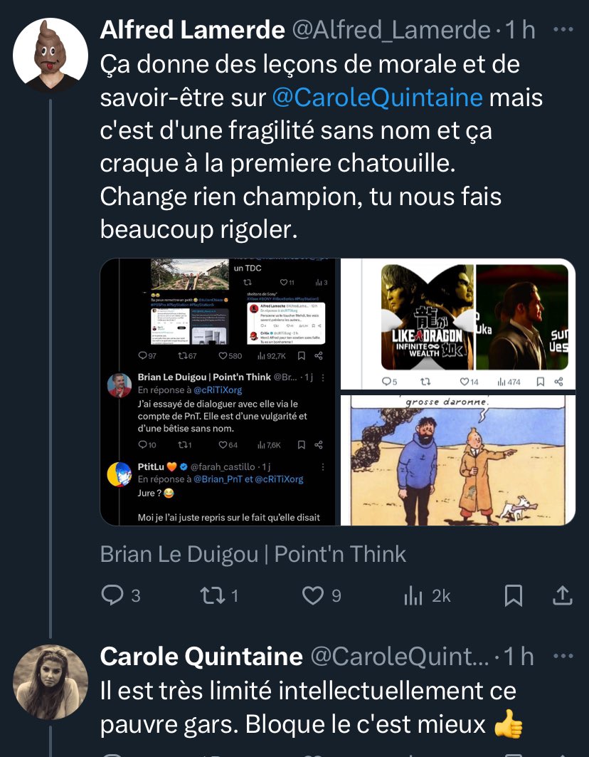 AlfredLameche's tweet photo. Les fans de Julien et Carole sont formidables. Un des nombreux comptes qui me harcèlent et me stalkent depuis des années avec qui les JC et Carole conversent régulièrement. Chieze et Quintaine sont les plus gros sponsors de la toxicité de la commu JV, une véritable secte ! https://t.co/j1ZzSZl368