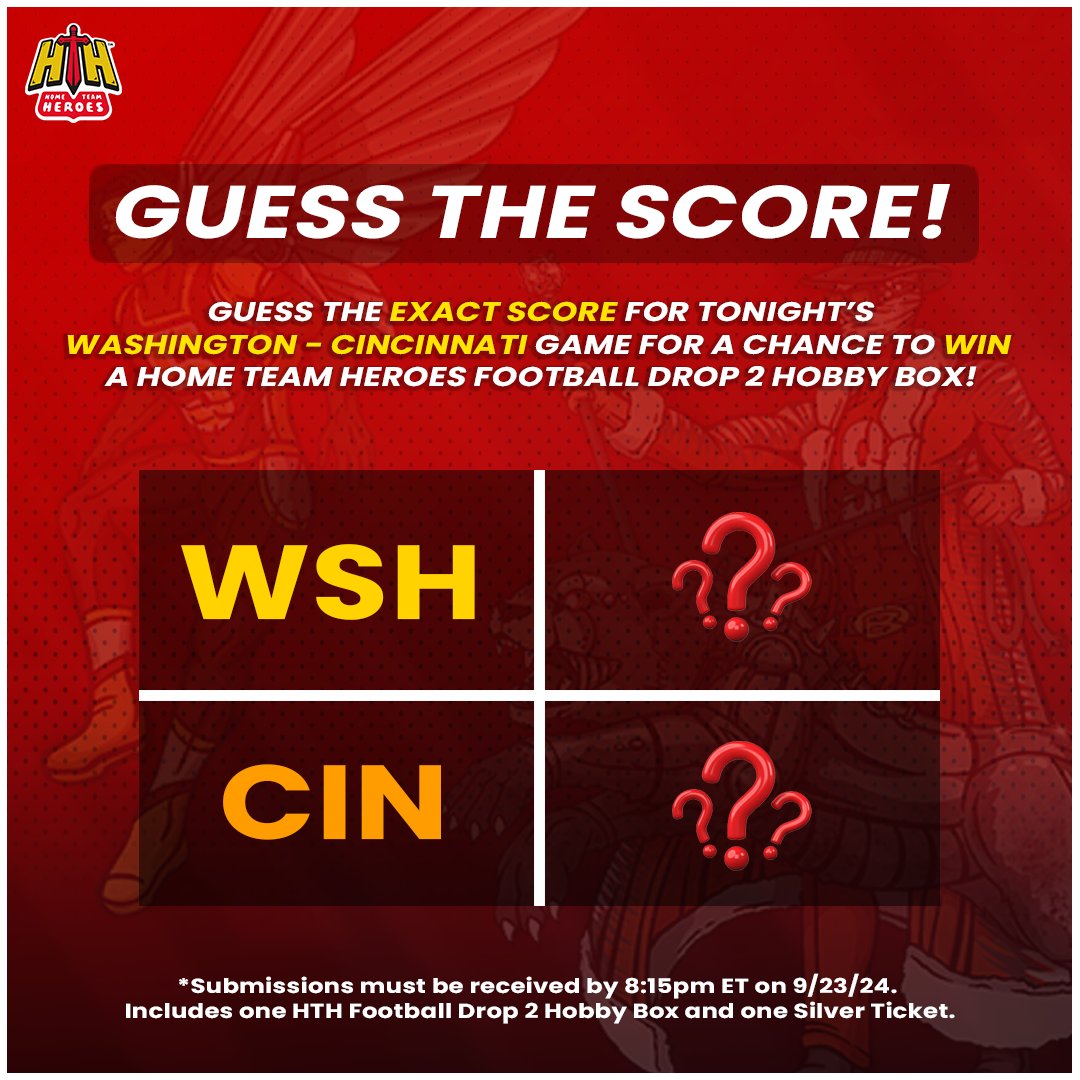 Are you watching the game tonight?  Guess the exact score for tonight’s Washington - Cincinnati game for a chance to win a HTH Football Drop 2 Hobby Box (which includes one Silver Ticket!)   

Reply below with your predictions by 8:15pm ET TONIGHT!  Like + Repost, One guess per