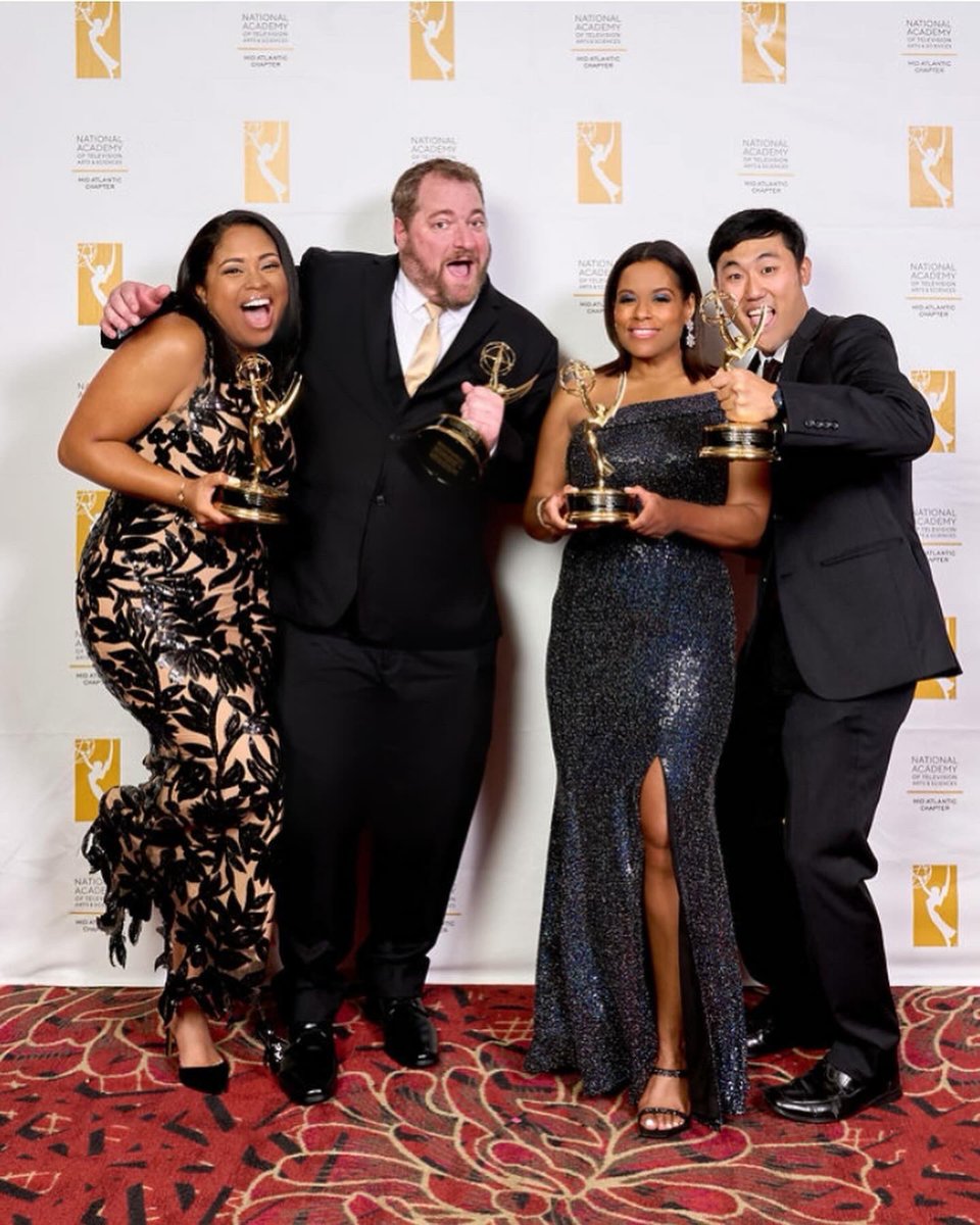 ShibaRussell's tweet photo. My first Emmy with my @FOX29philly family, and it truly felt like the first in my long career. The icing on top of winning Best Newscast for our 5pm news was celebrating the win with two colleagues who had never won before. Their joy brought me so much joy. Go team! 🏆🍾 https://t.co/NYXWXvLo92