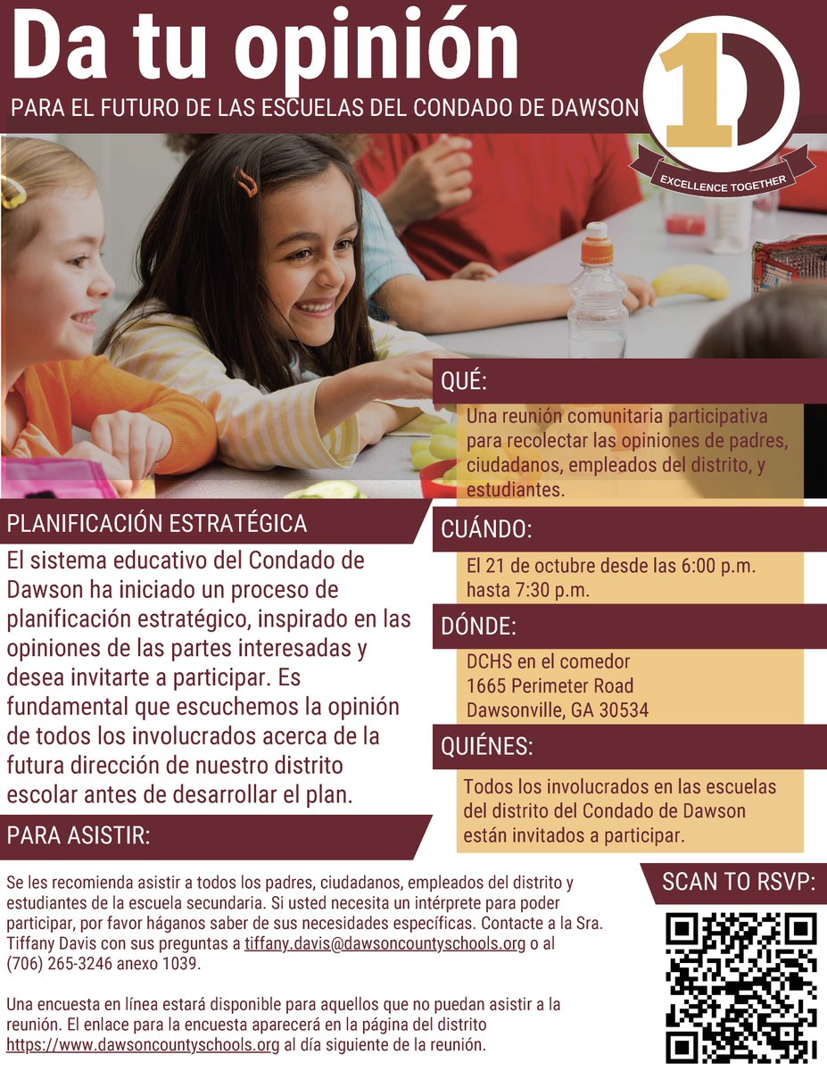 We are excited to announce our stakeholder-inspired Community Engagement Session that will be held to help develop our next Strategic Plan. The session will be held on Oct. 21, 2024 from 6-7:30 p.m. in the DCHS Commons Area. Please RSVP by scanning the QR Code in the flyer.