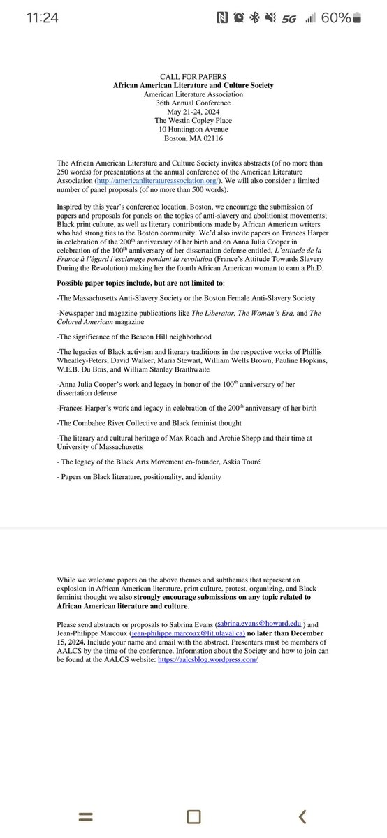 DrSabEvans's tweet image. Please circulate the following CFP for African American Literature and Culture Society (AALCS) Papers and Panels at the ALA 2025 Conference in Boston! Deadline for abstracts is December 15!