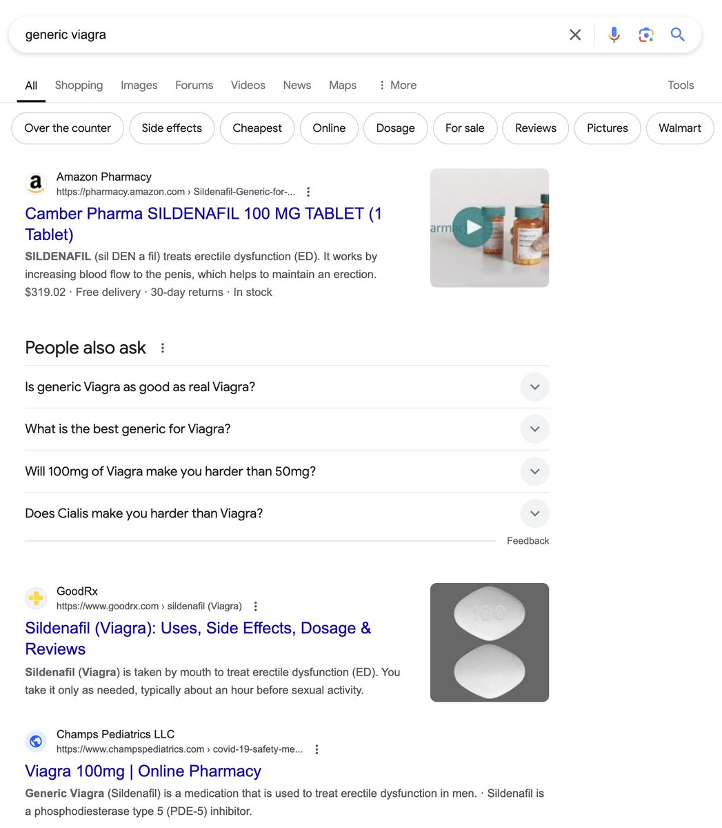 ED-related queries have long felt like a barometer for search result quality, as they're a battleground for spammers. Wild to still see fly-by-night pharmacy sites (see champspediatrics result) ranking in 2024, but arguably wilder to see Amazon Pharmacy at the top of the pile.