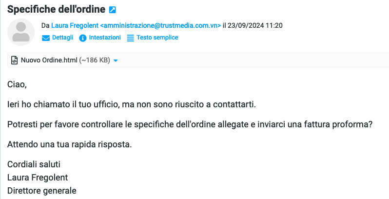 D3LabIT's tweet image. ⚠️ Nuova campagna #malspam con oggetto: “Specifiche dell’ordine” veicola #malware #ZharkBOT!

La mail contiene un file HTML che scarica un file VBS malevolo.

MD5: ca8ac9a5b0023d32bcd76c65512a6cd3

ℹ️ Tutti gli IoC sono disponibili su #Telegram: t.me/D3LabIT