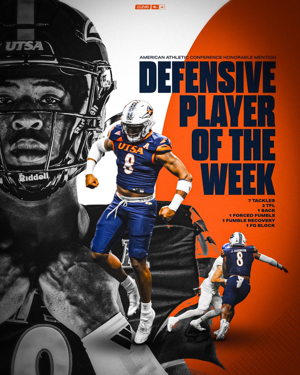 𝐀𝐀𝐂 𝐇𝐨𝐧𝐨𝐫𝐚𝐛𝐥𝐞 𝐌𝐞𝐧𝐭𝐢𝐨𝐧

UTSA senior OLB Jimmori Robinson has been named American Athletic Conference Honorable Mention Defensive Player of the Week for his performance in the win over HCU.

#210TriangleOfToughness
#LetsGo210 | #BirdsUp 🤙