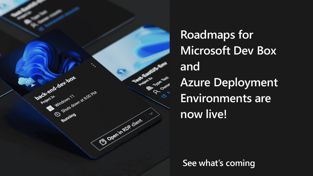 AzureDevOps's tweet image. We&apos;ve published the roadmaps for Microsoft #DevBox and Azure Deployment Environments showcasing our plans and upcoming features. Here&apos;s what you need to know ➡️ 📖 msft.it/6010mTMeO