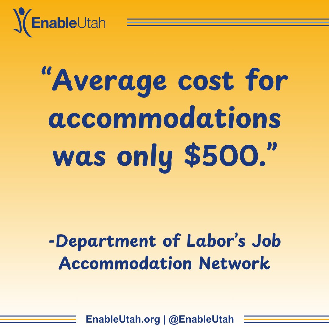 EnableUtah's tweet photo. Most accommodations for employees with disabilities cost nothing!

The only way you will know what accommodations are needed for your business is to give us a call!

#nonprofitorganization #disabilityinclusion #EnableUtah #nonprofitwork #nonprofit #disability https://t.co/8hzk7oG7Ai