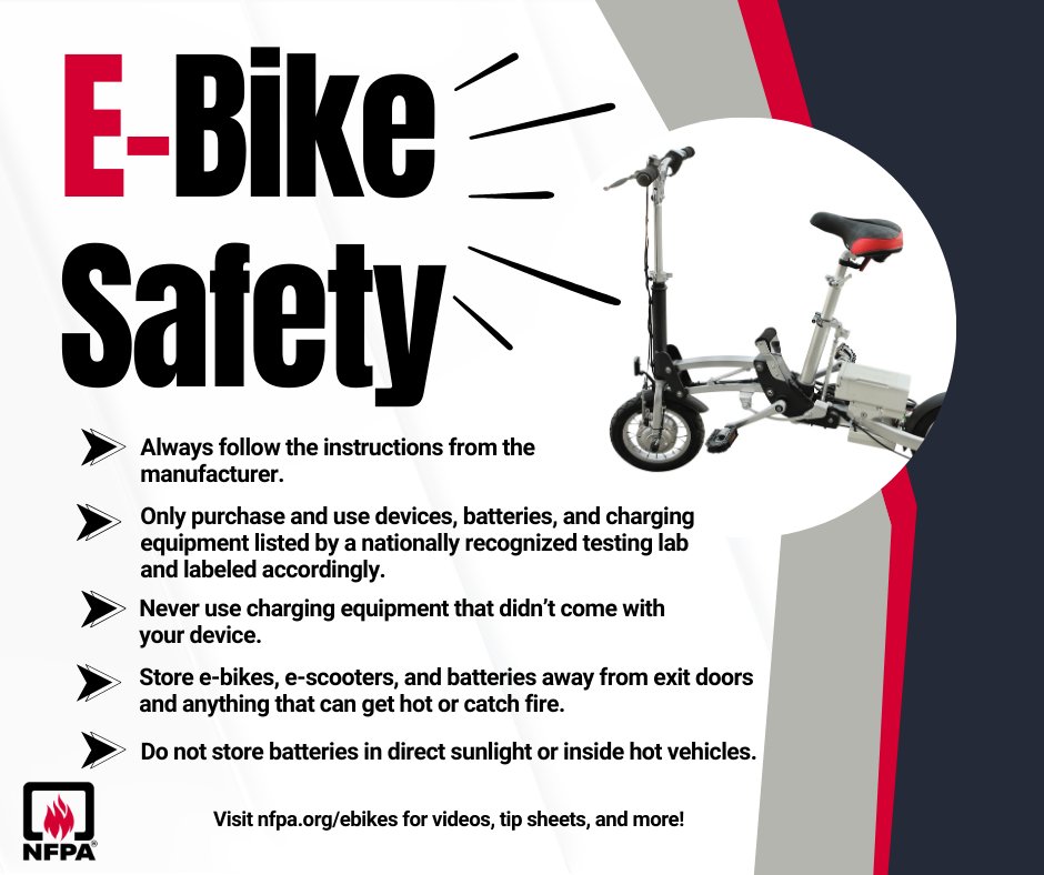 E-bikes and e-scooters are a low-cost and environmentally friendly way of getting around college campuses. But there are fire hazards associated with the lithium-ion batteries. Help advocate for safety by teaching students the proper usage. nfpa.org/ebikes #campussafety