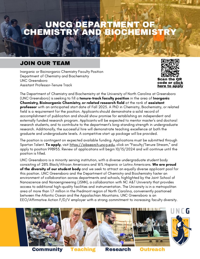 Nadja Cech (@nadjacech) on Twitter photo Calling all Inorganic Chemists. Join our amazing department with a tenure track Assistant Professor position.
I love <a href="/uncg_chem/">Chem + Biochem UNCG</a>. Great colleagues, remarkable students, low cost of living. Check us out!
spartantalent.uncg.edu/postings/30223 Calling all Inorganic Chemists. Join our amazing department with a tenure track Assistant Professor position.
I love <a href="/uncg_chem/">Chem + Biochem UNCG</a>. Great colleagues, remarkable students, low cost of living. Check us out!
spartantalent.uncg.edu/postings/30223
