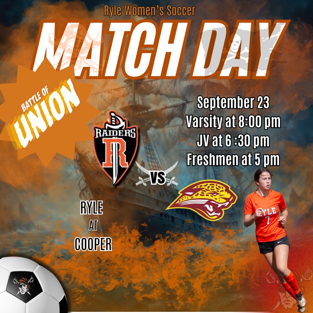 It's a great night for soccer! Come cheer on our Freshman, JV, and Varsity teams as they take on Cooper! 
Protect the ship!⚽️⚔️🏴‍☠️ 
Freshman at 5 PM
Junior Varsity at 6 PM
Varsity at 8 PM
ONE HEART
ONE MIND
ONE PROGRAM 
#HOORAH