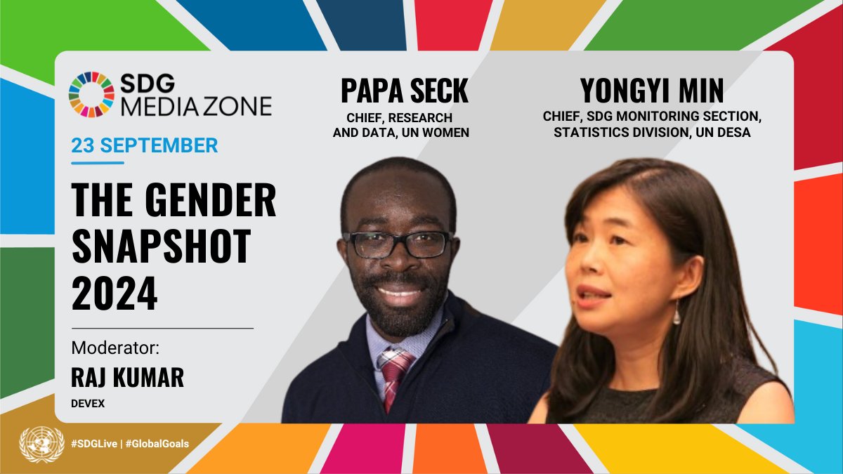 🚨 Gender Gaps Aren't Closing Fast Enough 🚨

Our latest Gender Snapshot report flags the slow progress, but we know the solutions!

Join our expert <a href="/PABSeck/">Papa Seck</a> in the <a href="/SDGMediaZone/">SDG Media Zone</a>
⏰ Today 23 September 2:30pm EDT
 
📺Livestream: unwo.men/oYkL50TtqV7

#UNGA #GenderData #ActNow