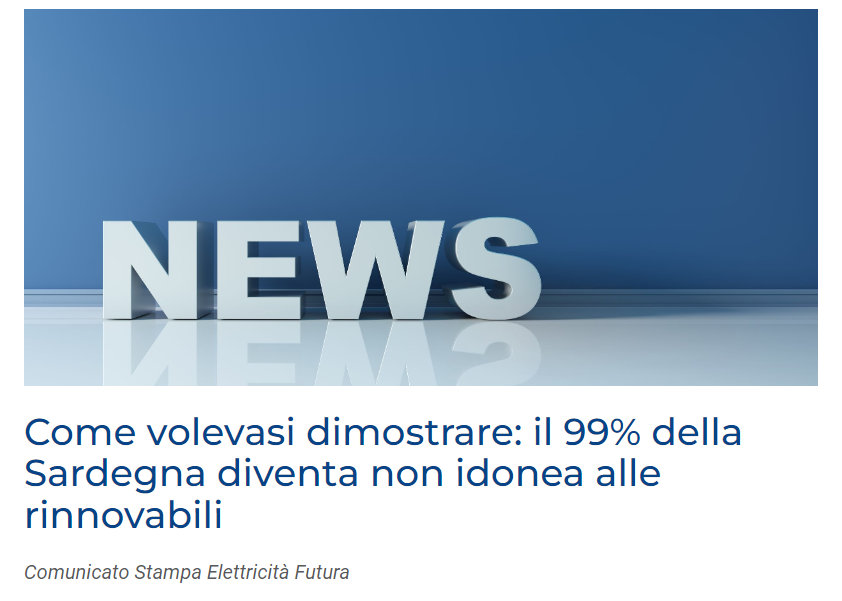 Elettricità Futura (@e_futura) on Twitter photo #AreeIdonee <a href="/ReRebaudengo/">Re Rebaudengo</a>: Come volevasi dimostrare, approfittando delle carenze del Decreto la #Sardegna ha legiferato sulle aree idonee con effetti retroattivi e con criteri che renderanno probabilmente non idoneo il 99% del territorio sardo tinyurl.com/4uwep9hd #AreeIdonee <a href="/ReRebaudengo/">Re Rebaudengo</a>: Come volevasi dimostrare, approfittando delle carenze del Decreto la #Sardegna ha legiferato sulle aree idonee con effetti retroattivi e con criteri che renderanno probabilmente non idoneo il 99% del territorio sardo tinyurl.com/4uwep9hd