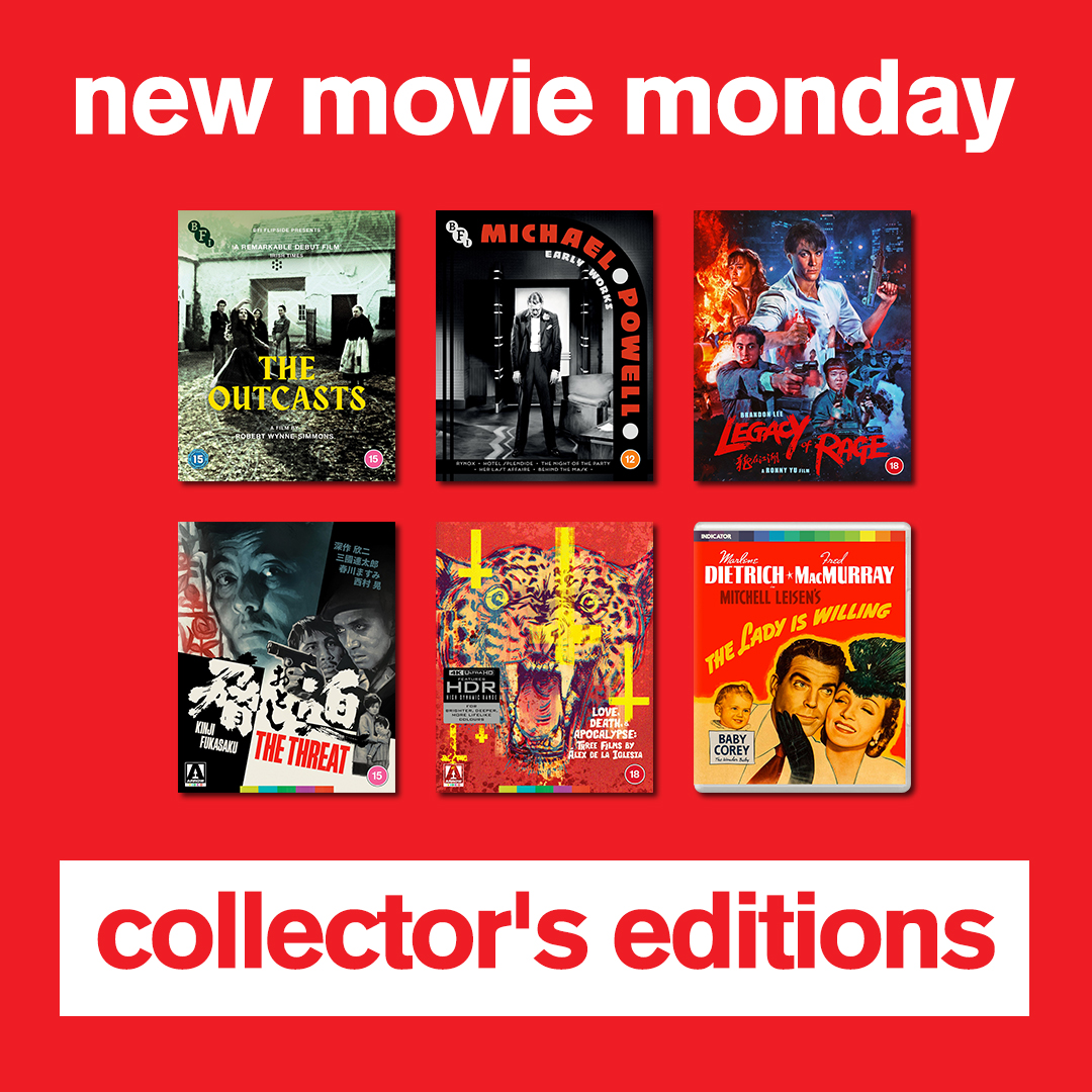 Collector's Edition releases out today:

• #TheOutcasts
• #MichaelPowell: Early Works
• #LegacyOfRage
• #TheThreat
• #LoveDeathAndApocalypse: Three Films By Alex De La Iglesia
• #TheLadyIsWilling

#gettofopp