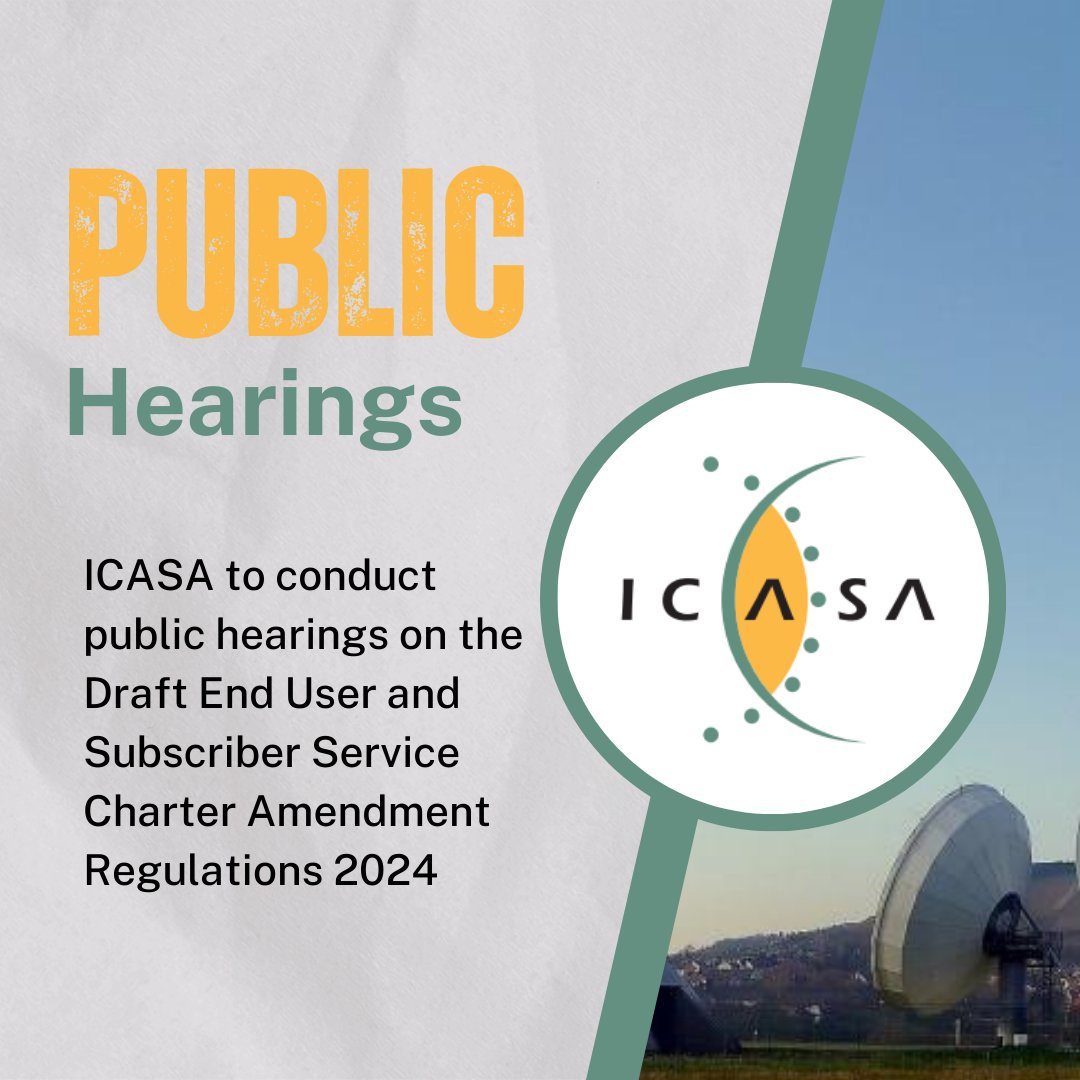 ICASA_org's tweet photo. [Read] ICASA will hold public hearings on the Draft End-User and Subscriber Service Charter Amendment Regulations 2024 from 1-2 Oct 2024.

09:00 AM
350 Witch-Hazel Ave, Centurion
https://t.co/73m5eL3nvE

For more details, read the media advisory here: https://t.co/LoKF3VeUVs https://t.co/aUHr3YeeVy