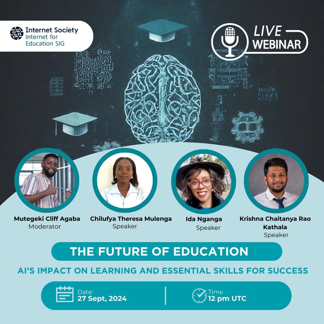 📢 Webinar Alert!
🧠 How is AI transforming education? Find out with Internet Society Education SIG’s expert panel! Learn what essential skills you’ll need to thrive.
🗓️ Sept 28, 2024 | 12 PM UTC
💻 Register here: us06web.zoom.us/j/83654779288
#AIinEducation <a href="/internetsociety/">Internet Society</a>