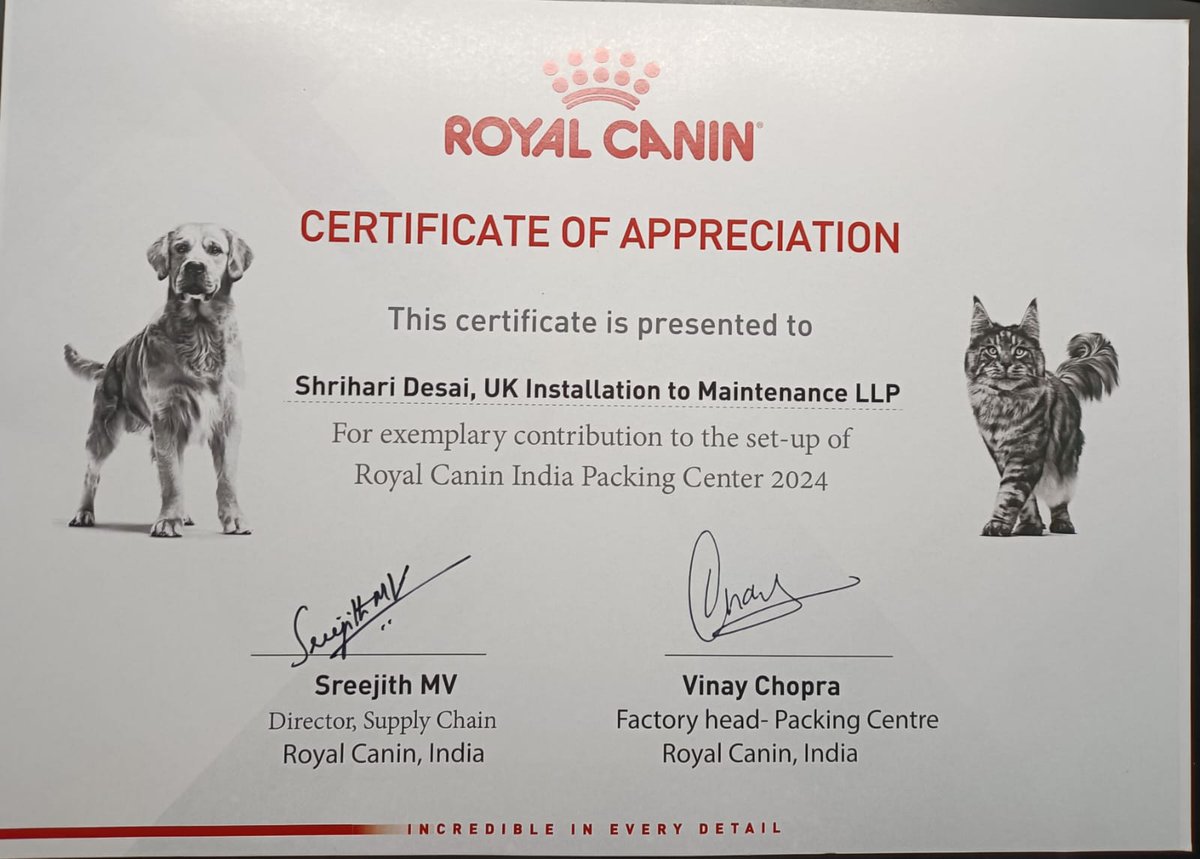 FarmtoForkSolu1's tweet photo. Our Sister Company, UK Installation to Maintenance LLP, has been awarded a Certificate of Appreciation for his exemplary contribution to the successful set-up of the Royal Canin India Packing Center 2024.Factory License, MPCB, Fire License, Electrical
@RoyalCanin https://t.co/3FTA0f2vRe