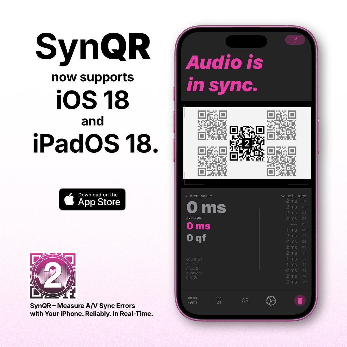 SynQRApp's tweet photo. 🎉 SynQR is now compatible with iOS 18! Download the latest version 1.2.3 from the App Store.

#SynQR #iOS18 #ProTools #AVID #MediaComposer #Nuendo #PostProduction #SoundDesign #AdobePremiere https://t.co/rLs2AvsOPQ