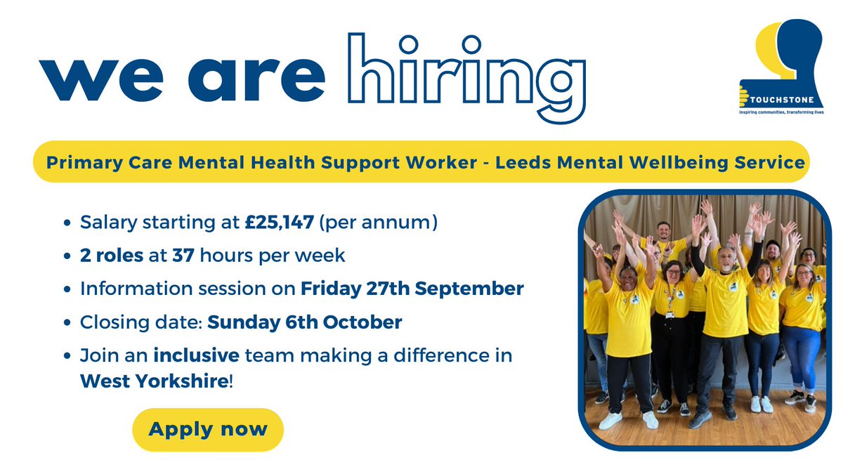 Touchstone (@touchstone_spt) on Twitter photo Are you looking for a rewarding new role? Our <a href="/LMWS_NHS/">Leeds Mental Wellbeing Service (LMWS)</a> team are looking for new Primary Care Mental Health Support Workers.
To learn more and apply, visit:
touchstonesupport.org.uk/vacancy-primar….
#LeedsJobs #NHSJobs #CharityJobs Are you looking for a rewarding new role? Our <a href="/LMWS_NHS/">Leeds Mental Wellbeing Service (LMWS)</a> team are looking for new Primary Care Mental Health Support Workers.
To learn more and apply, visit:
touchstonesupport.org.uk/vacancy-primar….
#LeedsJobs #NHSJobs #CharityJobs