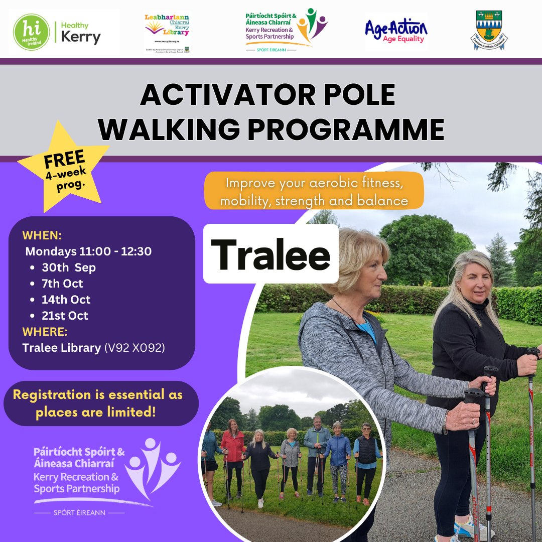 Kerry Recreation and Sports Partnership (@kerryrsp) on Twitter photo To celebrate #PositiveAgeingWeek from Sep 30th - Oct 6th 2024, we have organised a free 4-week Activator Pole Walking prog.
📍 Tralee Library
📆 Starts Mon 30th of Sep
⏰ 11:00pm – 12:30pm
👉Suits all levels of fitness
🔗 linktr.ee/kerryrecreatio…
#EuropeanWeekofSport #Tralee To celebrate #PositiveAgeingWeek from Sep 30th - Oct 6th 2024, we have organised a free 4-week Activator Pole Walking prog.
📍 Tralee Library
📆 Starts Mon 30th of Sep
⏰ 11:00pm – 12:30pm
👉Suits all levels of fitness
🔗 linktr.ee/kerryrecreatio…
#EuropeanWeekofSport #Tralee