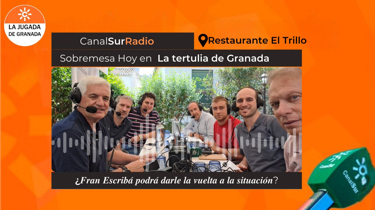 JugadaGranada's tweet photo. 🔊Como cada lunes en el restaurante El Trillo arranca La Jugada de Granada.

Con @azcoytia, @PacoGarciaAlva2 y  @miguelopezriver  desde @trillogranada 

🎙 104.9 FM Para Granada capital y el Área metropolitana.
🖥 A través de las apps de
@canalsurmas y @CanalSurRadio https://t.co/pS8sXccccA