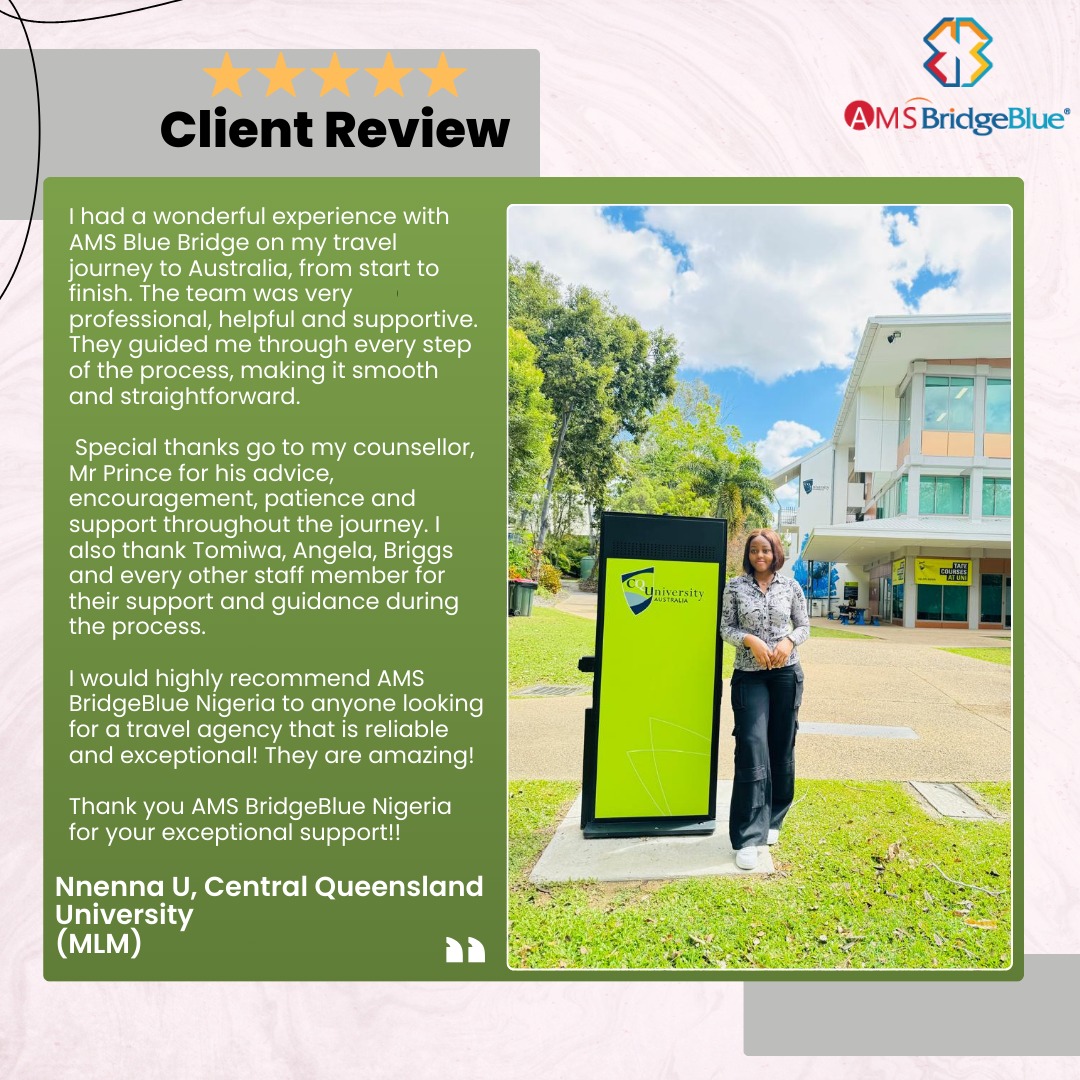 AMSBB_Nigeria's tweet image. Client satisfaction is our top priority. 

A beautiful review from a satisfied client. Contact us today at AMS BridgeBlue Nigeria to begin your application process

nigeria@amsbridgeblue.com
abuja@amsbridgeblue.com
+2348093768915
+2349099098634

#applynow2024 #AMSBBGroup #CQU